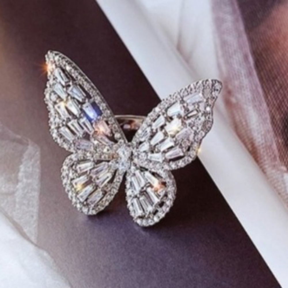 Silver Filigree Butterfly Ring with Crystal Accent - Picture 3 of 4